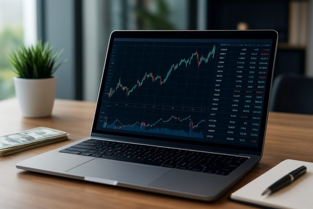 A laptop displaying a financial trading chart on a wooden desk with cash and a notebook beside it.